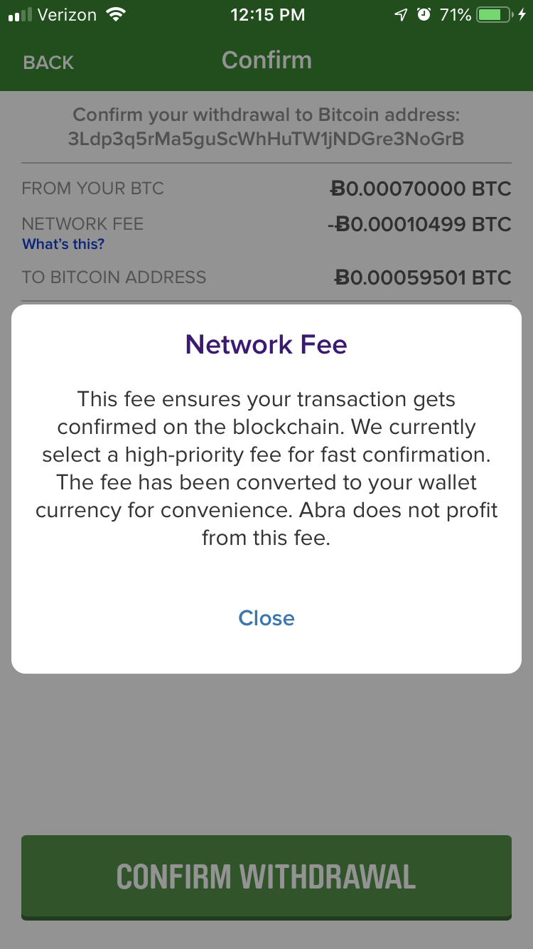 Sending Transaction - Network fee notice details.
