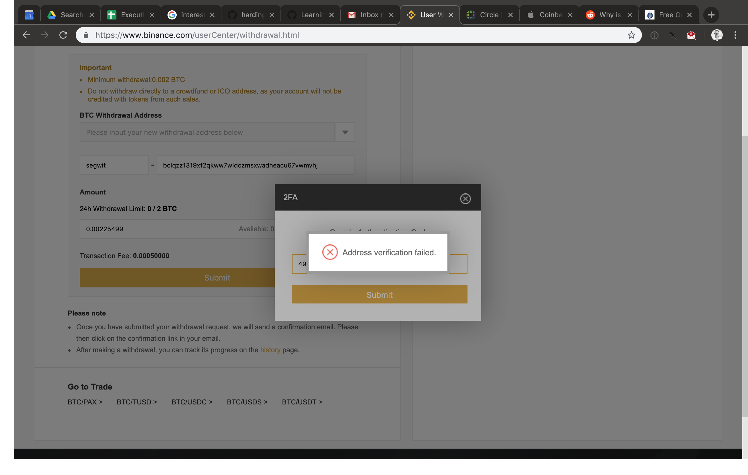 While Binance allows bech32 P2WPKH withdrawals, you cannot add a bech32 address to your address book _from the send screen_. While attempting to add a bech32 address, after the two-factor authentication code, an address error message appears.
