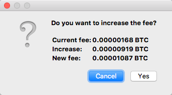 Attempting Transaction Replacement - Confirmation prompt for “Increase transaction fee”.
