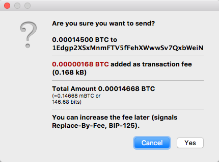Sending Transaction - Warning prompt for low fee. Includes RBF note at the bottom when RBF enabled.
