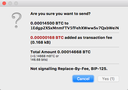 Sending Transaction - Warning prompt for low fee. Includes RBF note at the bottom when RBF disabled.
