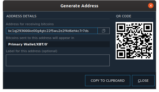 The BlockSettle Terminal displays the generated native bech32 segwit address
