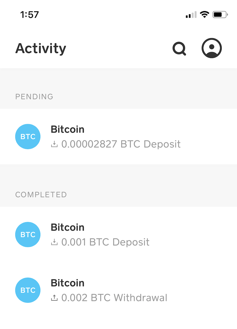 Receiving RBF Transaction - Transaction list screen. Unconfirmed incoming transactions are shown as 'Pending' unless the transaction signals RBF in which case it only appears in the 'Completed' list after confirmation.
