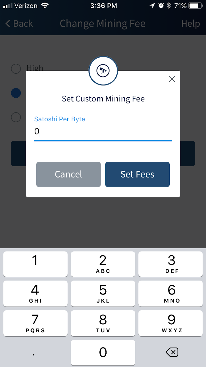 Sending RBF Transaction - Mining fee custom dialog.

