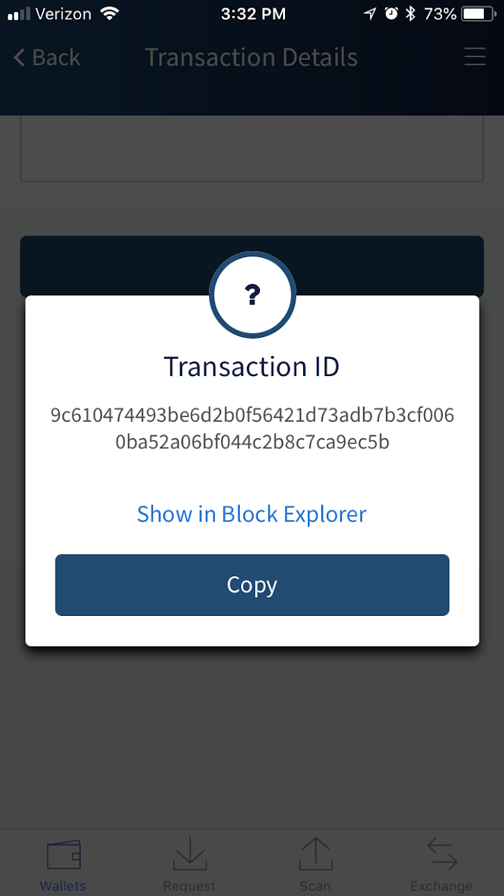 Receiving RBF Transaction - Transaction details for received RBF transaction. Links to blockchair.com explorer.
