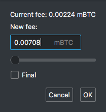 Attempting Transaction Replacement - Dialog for inputting replacement transaction fee.
