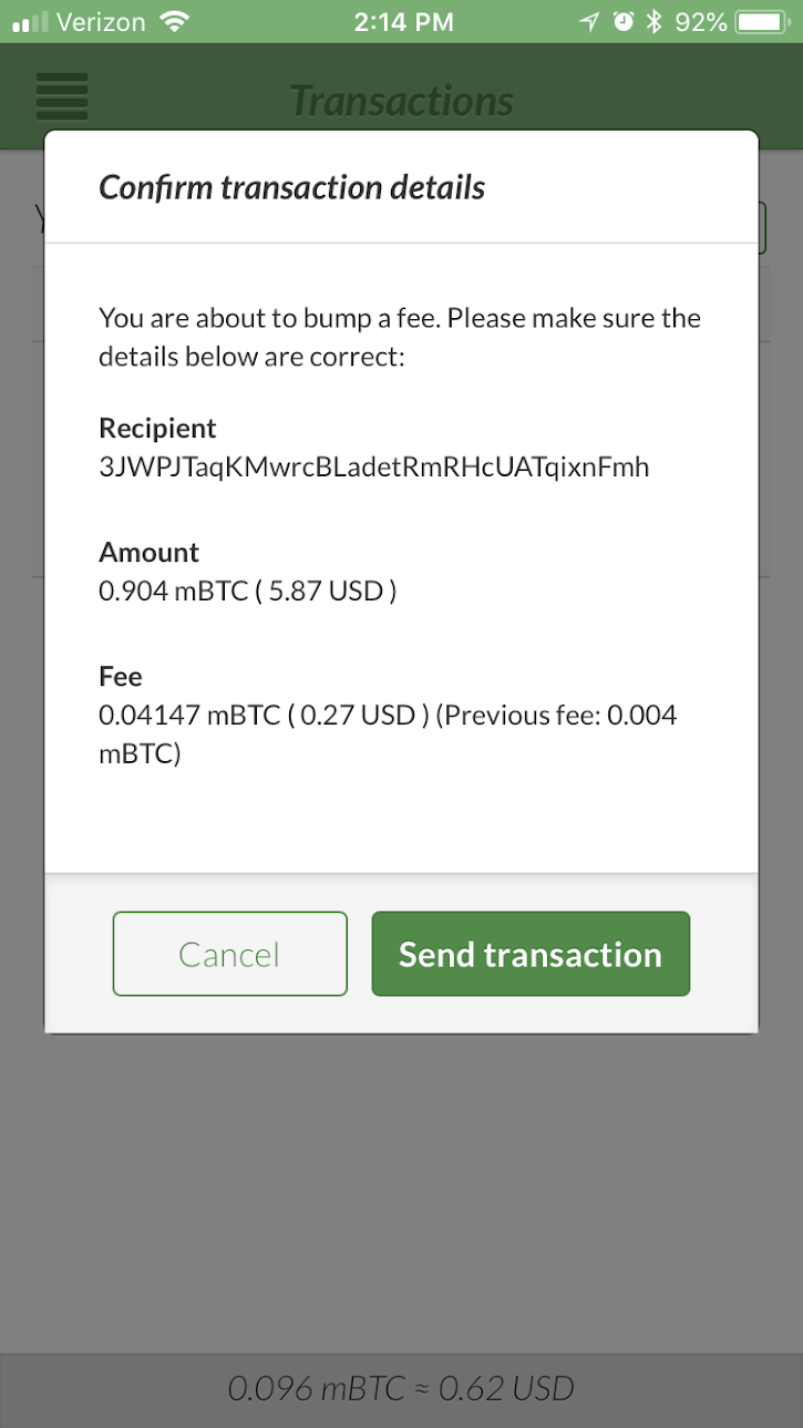 Attempting Transaction Replacement - Bump transaction details confirmation. Notes “Previous fee:” field as well as language about bumping.
