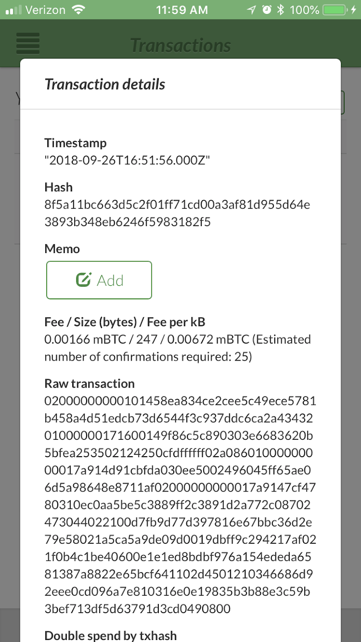 Receiving Replacement Transaction - Transaction details for original transaction. No RBF note or double spend note. Does show “double spend by txhash” field which points to new replacement transaction.
