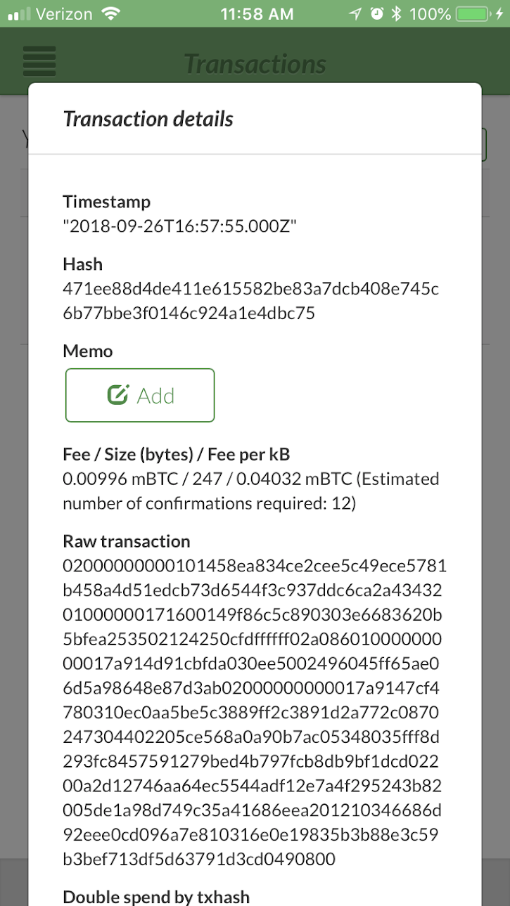 Receiving Replacement Transaction - Transaction details for replacement transaction. No RBF note or double spend note. Does show “double spend by txhash” field which points to original transaction.
