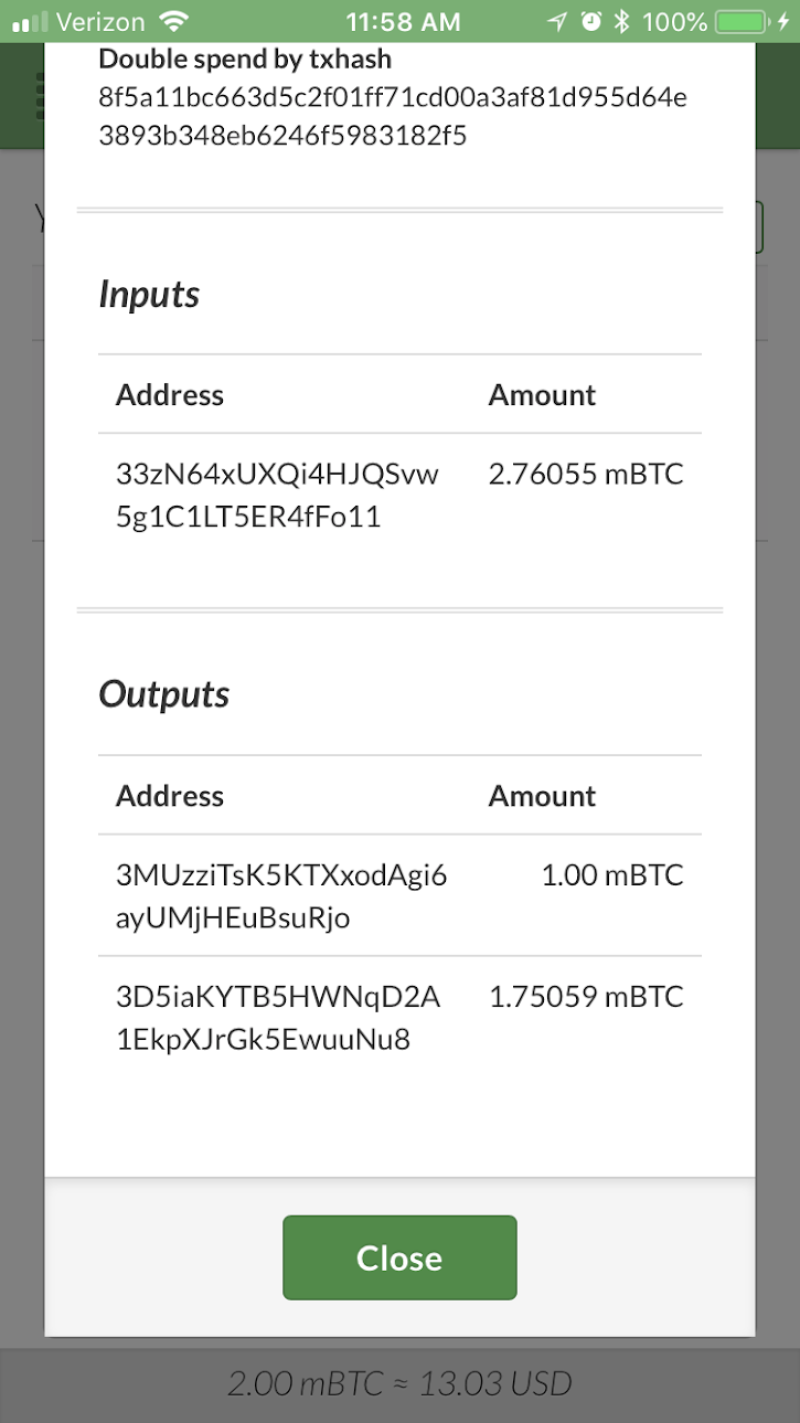 Receiving Replacement Transaction - Transaction details for replacement transaction. No RBF note or double spend note. Does show “double spend by txhash” field which points to original transaction.
