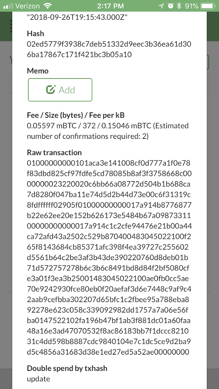 Attempting Transaction Replacement - Replacement “bumped” transaction. “Double spend by txhash” field has “update” value.
