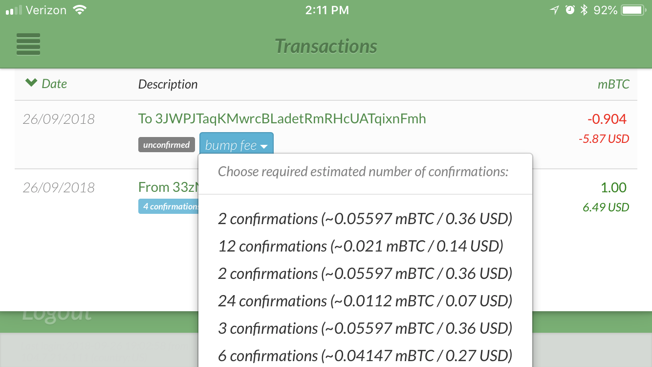 Attempting Transaction Replacement - Bump fee context menu options.
