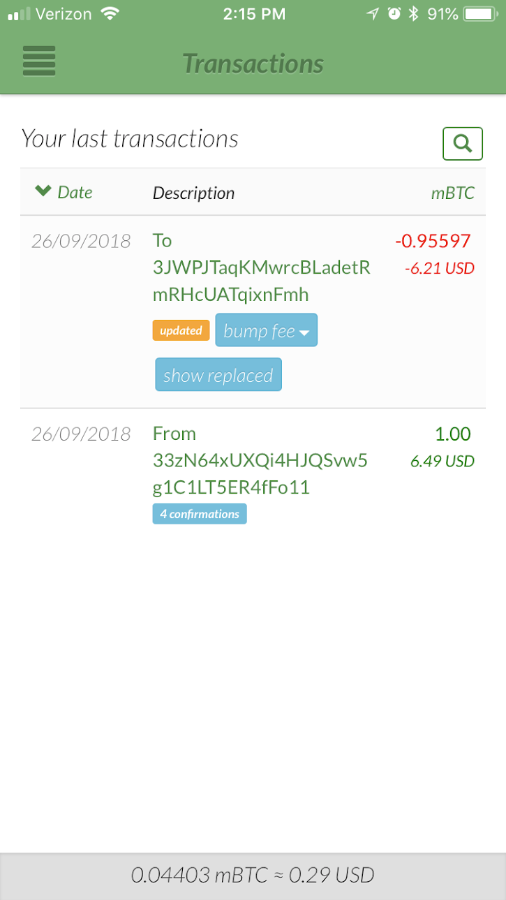 Attempting Transaction Replacement - Transaction list with replacement transaction on top. Bump fee available again. Show replaced transaction button shows as well.
