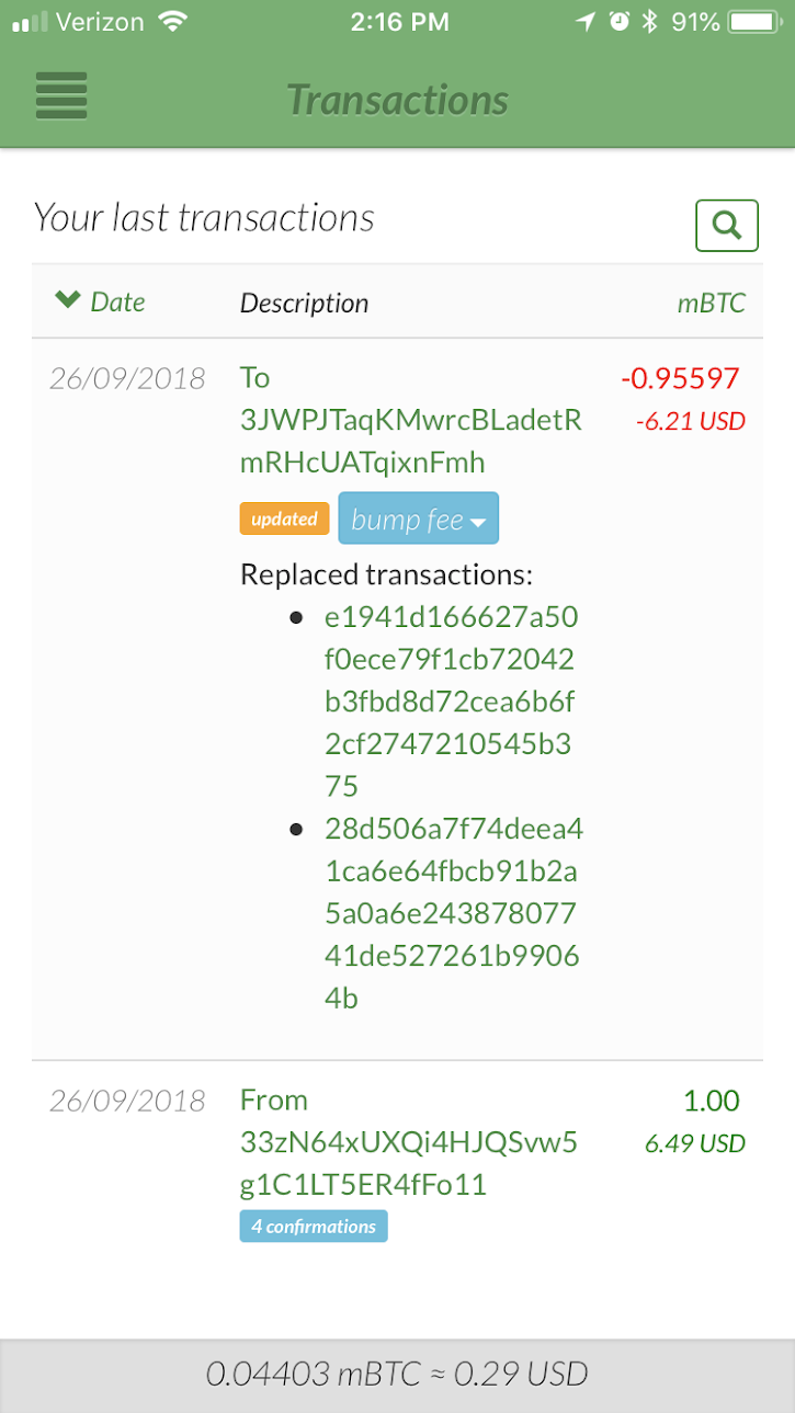 Attempting Transaction Replacement - Transaction list with replacement transactions “show replaced” button clicked. NOTE while testing, I inadvertently bumped twice so 2 replacement transactions appear here.
