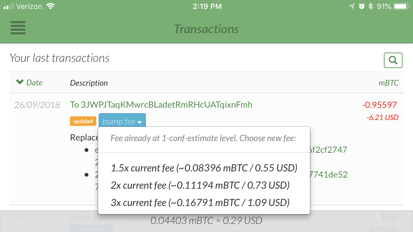 Attempting Transaction Replacement - Subsequent bumping on the same transaction has a different “bump fee” context menu options. Also the context menu notes “fee already at 1-conf-estimate level”.
