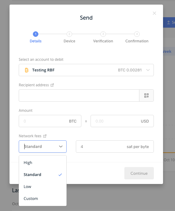 Sending Transaction - Send transaction screen does not allow for RBF. Fee options are available. No RBF options in settings.
