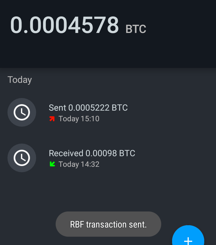 Sending Transaction - Send RBF replacement transaction replaces original RBF enabled transaction. No flag. Confirmation message does say “RBF transaction sent”.
