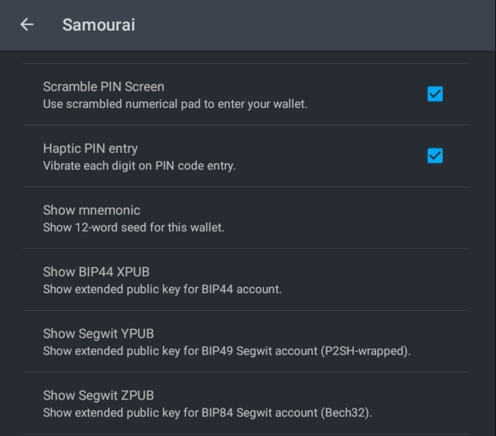 Samourai has options to view the wallet's X/Y/ZPUBs.