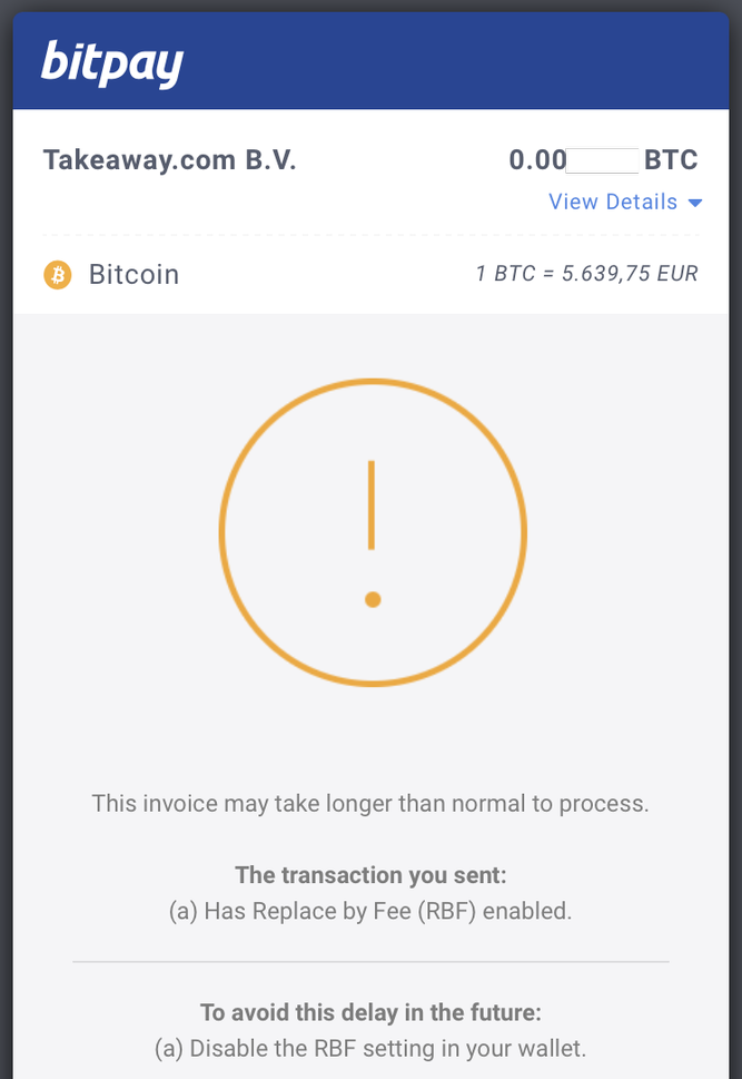 Bitpay payment receipt showing RBF warnings
screenshot