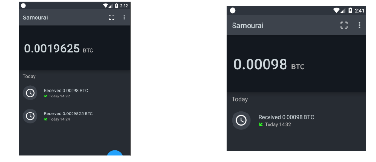 Samourai wallet transaction list before and after balance update
screenshots
